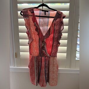 BCBGMAXAZRIA Boho Print Orange Blue Ruffle Shorts Romper Small